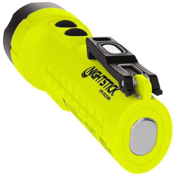A yellow Nightstick XPR-5522GMX Intrinsically Safe Rechargeable Dual-Light™ Flashlight with a black clip and power button, shown at an angle highlighting the side and back.