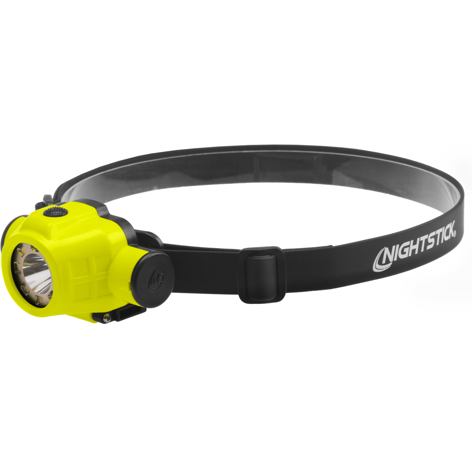 The Nightstick XPR-5553G Intrinsically Safe USB Dual-Light™ Headlamp is yellow and black with an adjustable strap, featuring a front-facing LED for safe use in hazardous environments.
