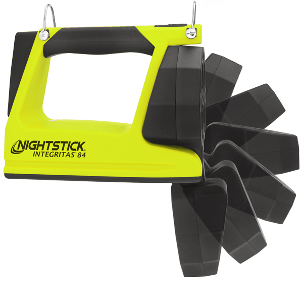 The Nightstick XPR-5584GMX INTEGRITAS™ Intrinsically Safe Rechargeable Lantern with Magnetic Base is displayed in yellow and black, featuring an adjustable head shown in various positions and advanced LED technology.