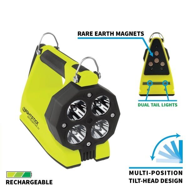 The Nightstick XPR-5584GMX INTEGRITAS™ Intrinsically Safe Rechargeable Lantern w/Magnetic Base features advanced LED technology, four front LEDs, dual tail lights, rare earth magnets, a multi-position tilt-head, and a lithium-ion battery.