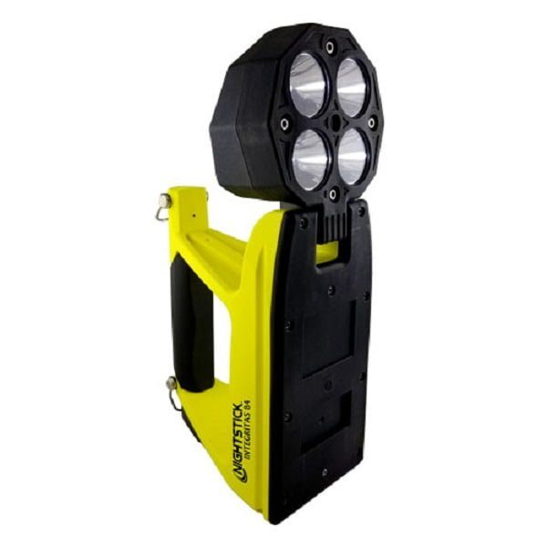 The Nightstick XPR-5584GMX INTEGRITAS™ Intrinsically Safe Rechargeable Lantern with Magnetic Base features a rugged yellow and black design, sturdy handle, and advanced LED technology with four round lights.