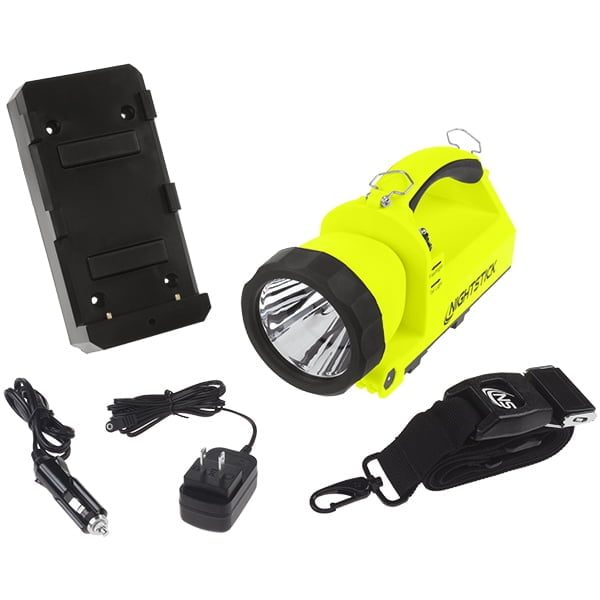 The Nightstick XPR-5586GX Intrinsically-Safe Rechargeable Dual-Light™ Lantern with Pivoting Head—comes with charger, wall mount, car adapter, and shoulder strap—ensures safe, reliable lighting for tough environments.