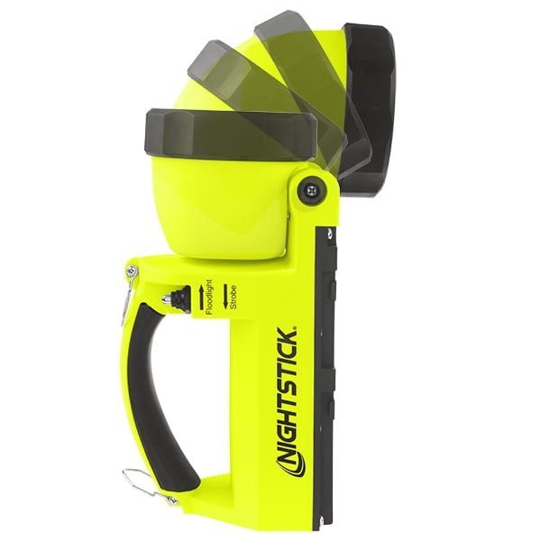The Nightstick XPR-5586GX is an intrinsically safe, rechargeable Dual-Light™ lantern with a yellow body, black handle, and pivoting head. "Nightstick" is printed on the side. Shown from multiple angles for versatile illumination.