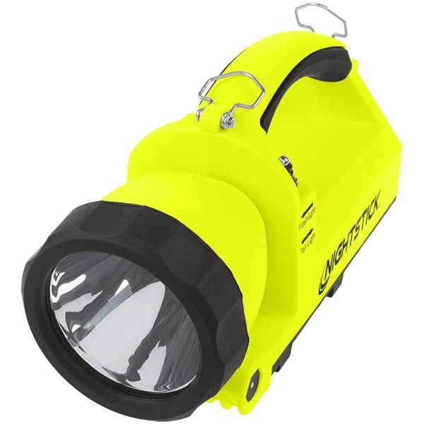 The Nightstick XPR-5586GX is a yellow, handheld, intrinsically-safe rechargeable Dual-Light™ lantern with a pivoting head, black lens, carrying handle, and "Nightstick" branding, offering versatile and reliable illumination.