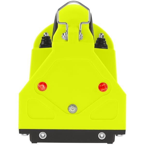 A bright yellow Nightstick XPR-5586GX Intrinsically-Safe Rechargeable Dual-Light™ Lantern with a pivoting head, two red indicator lights, a metal handle on top, and a boxy shape, shown from the front.