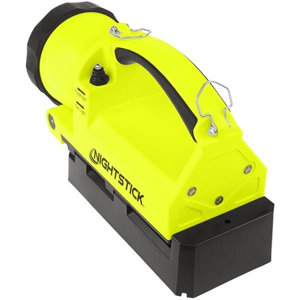 The Nightstick XPR-5586GX Intrinsically-Safe Rechargeable Dual-Light™ Lantern features a yellow body, black handle and base, sturdy design, metal hooks for mounting or carrying, and a pivoting head.