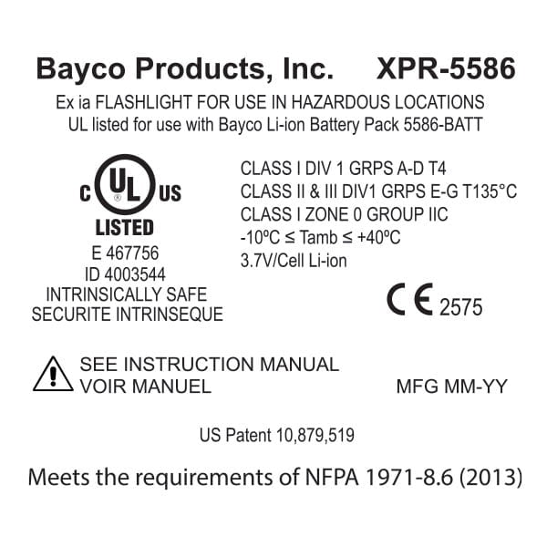 Label for Nightstick XPR-5586GX Intrinsically-Safe Rechargeable Dual-Light™ Lantern w/Pivoting Head, listing hazardous location ratings, certifications, battery details, safety standards, and manual consultation instructions.