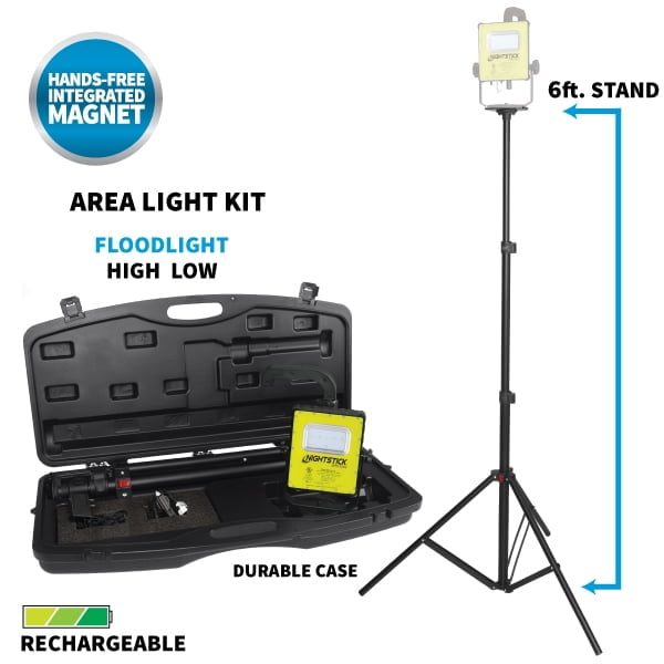 The Nightstick XPR-5592GCX Intrinsically Safe Rechargeable LED Scene Light Kit features a 6-foot stand, floodlight with high/low modes, hands-free integrated magnet, and a durable case—ideal for hazardous environment lighting.