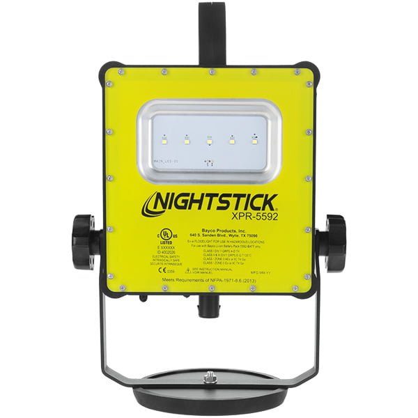 The Nightstick XPR-5592GCX Intrinsically Safe Rechargeable LED Scene Light Kit offers safe illumination for hazardous environments, featuring a handle and rectangular LED panel in yellow and black.
