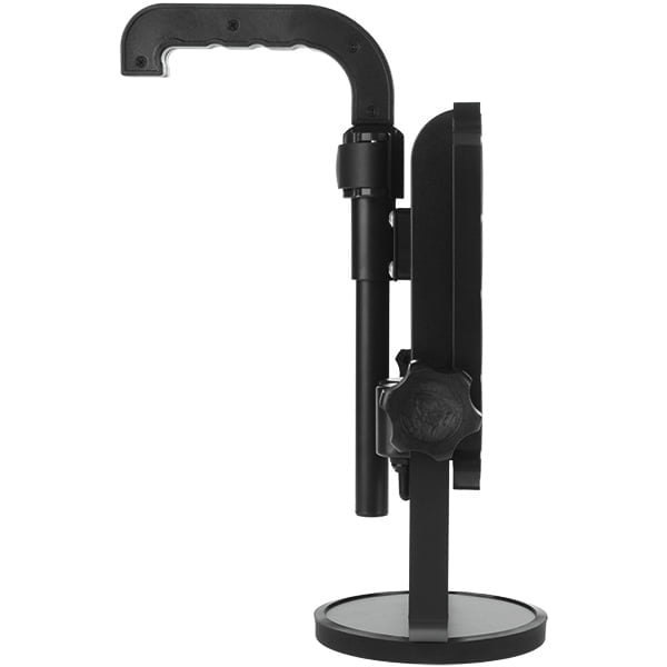 Side view of the Nightstick XPR-5592GCX Intrinsically Safe Rechargeable LED Scene Light Kit, featuring a black metal stand with a circular base and adjustable arm, perfect for hazardous environment lighting applications.