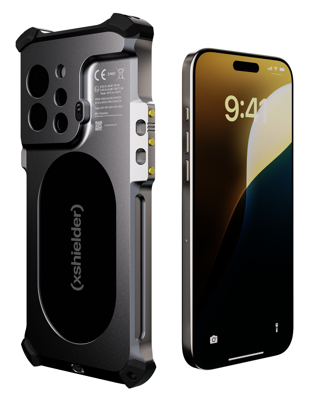 The Xshielder ATEX & IECEx Zone 1/21 Cover for iPhone 16 Pro Max is shown in black with rugged protective corners next to an iPhone displaying 9:41—ideal for hazardous environments with ATEX and IECEx certification.