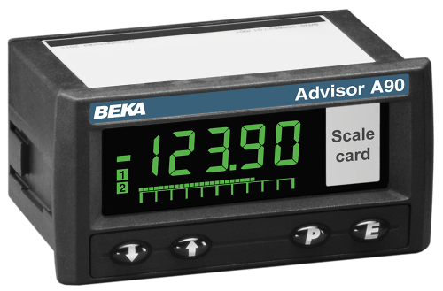 A black BEKA Advisor A90 Universal Process Panel Meter with a multicolor display shows "-123.90" in green numbers and bars, with labeled buttons below the screen.