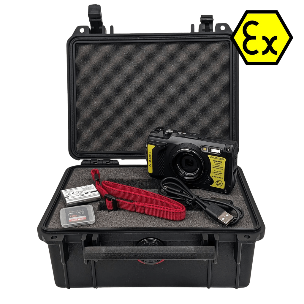 The Armadex Inspection Kit OZC + 35 Foot Mast + Android Device, in yellow and black, is shown with accessories in a foam case. An "Ex" symbol at the top right marks its explosion-proof certification for ATEX Zone 2 environments.