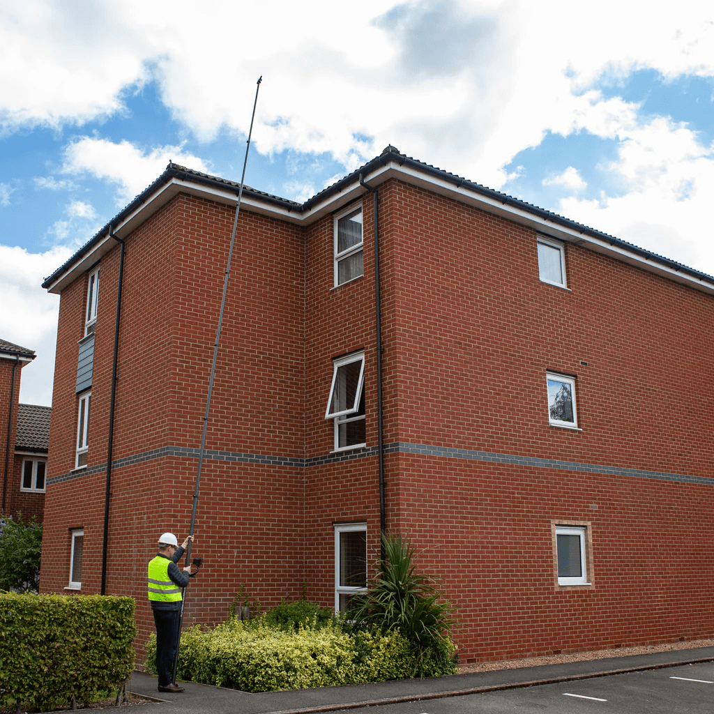 Wearing a high-visibility vest, a worker uses the Armadex Inspection Kit OZC with a 35-foot mast and Android device to inspect upper windows of a red-brick apartment building on a cloudy day.