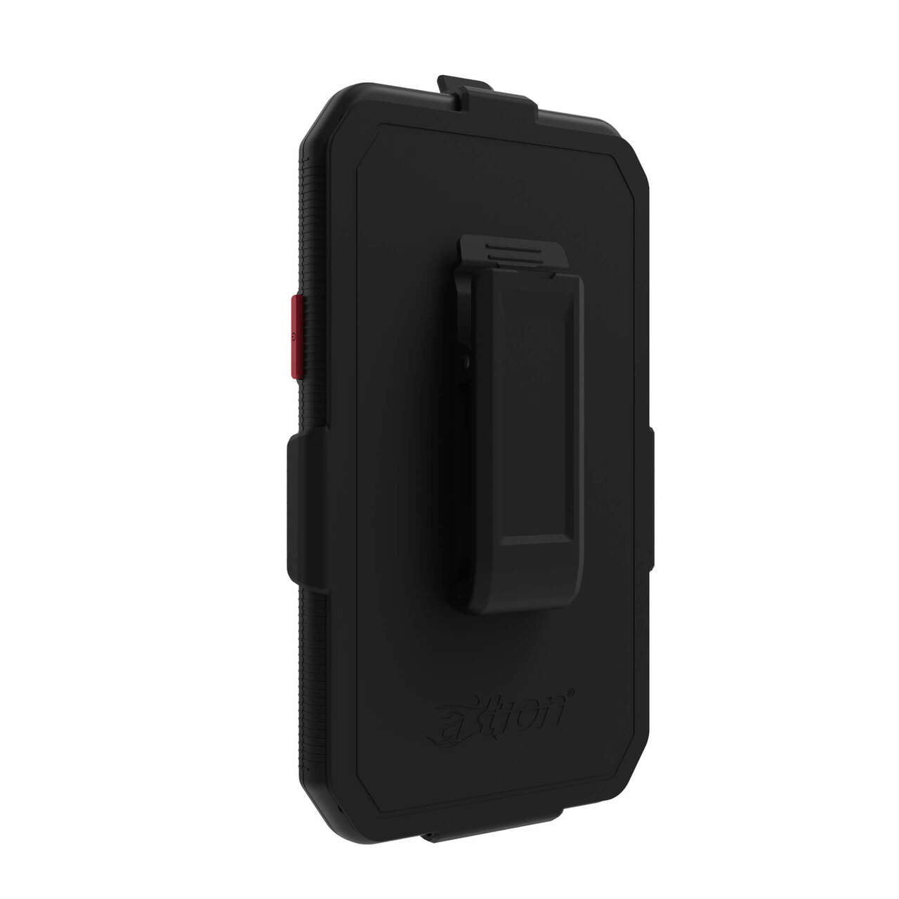 The aXtion® Extreme Case for iPhone 12 is a black rectangular C1D2 case with a belt clip, shown angled on a white background, providing hazardous location protection.