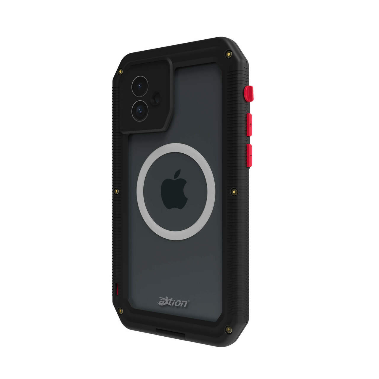 The aXtion® Extreme Case for iPhone 12 is a black, rugged MIL-STD-810H case with red buttons and a circular MagSafe ring on the back with the Apple logo—ideal for superior protection in harsh environments.