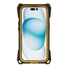 The Joy Factory aXtion® Extreme Case for iPhone 15 is a rugged black and yellow MagSafe-compatible case shown enclosing a smartphone with a blue and white screen.