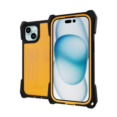 An iPhone 15 is shown in The Joy Factory- aXtion® Extreme Case, a rugged black and yellow case with reinforced corners, displaying both the front screen and rear camera.