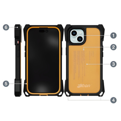 Front, side, and back views of The Joy Factory aXtion® Extreme Case for iPhone 15 in black and orange, showing labeled features; MagSafe compatible for convenient charging.