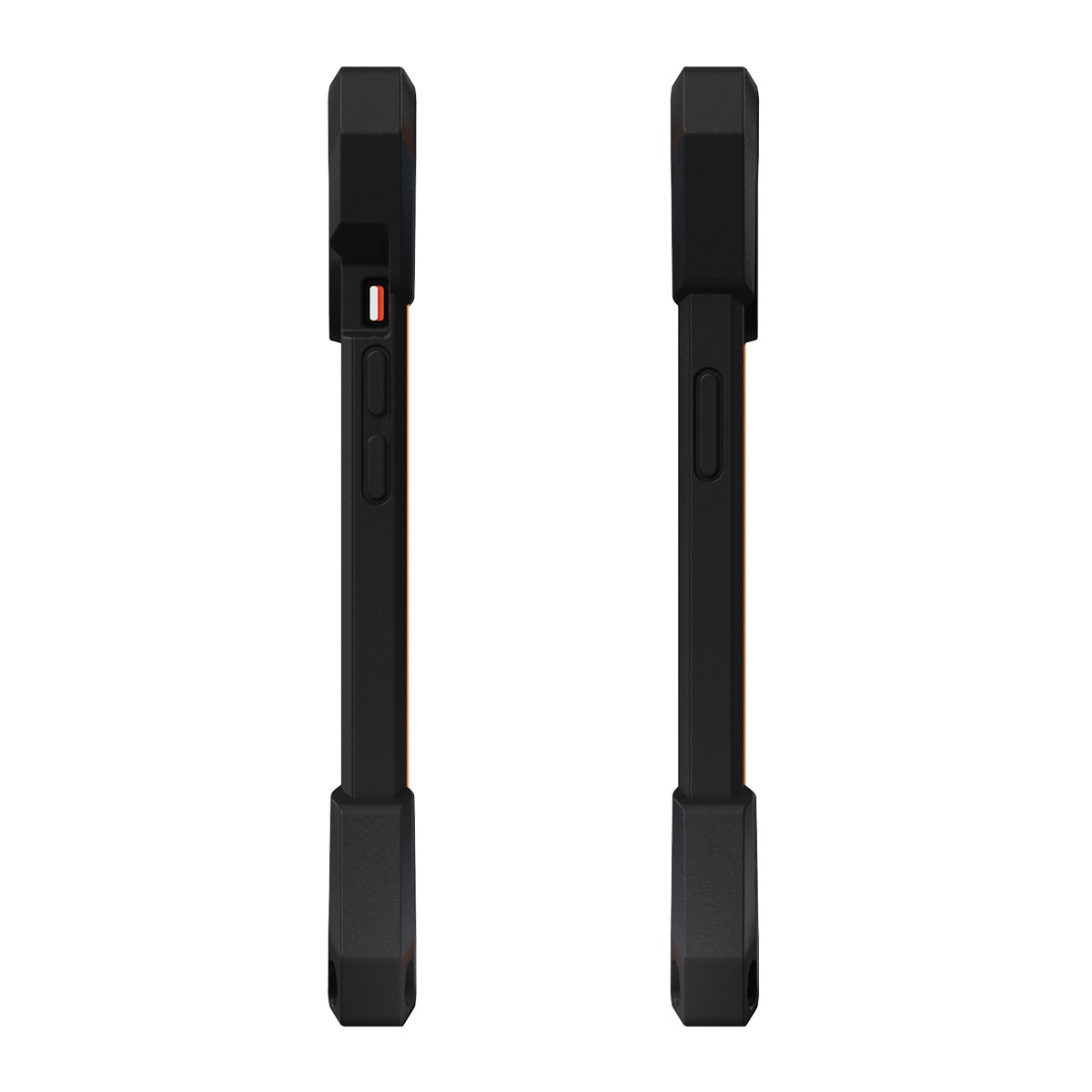 Two black The Joy Factory aXtion® Extreme Cases for iPhone 15 are shown from the side, with visible buttons and a red slider on the left case. MagSafe compatible for secure charging and easy accessory attachment.