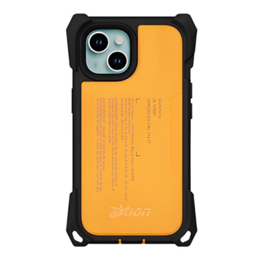 The Joy Factory aXtion® Extreme Case for iPhone 15 is a rugged black and yellow case with reinforced corners, visible camera lenses, and a MagSafe-compatible design.