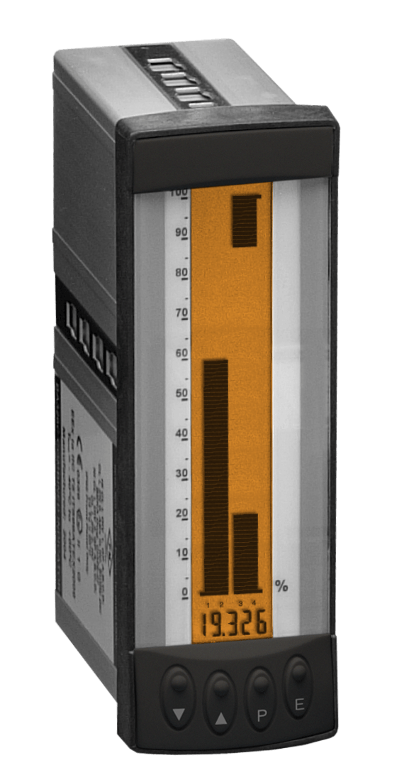 The BEKA BA326C Intrinsically Safe Loop Powered Digital Indicator (panel mounting) features an orange bar graph, left-side percentage scale, 19.326 numeric readout, analogue/digital display, and four black base control buttons.