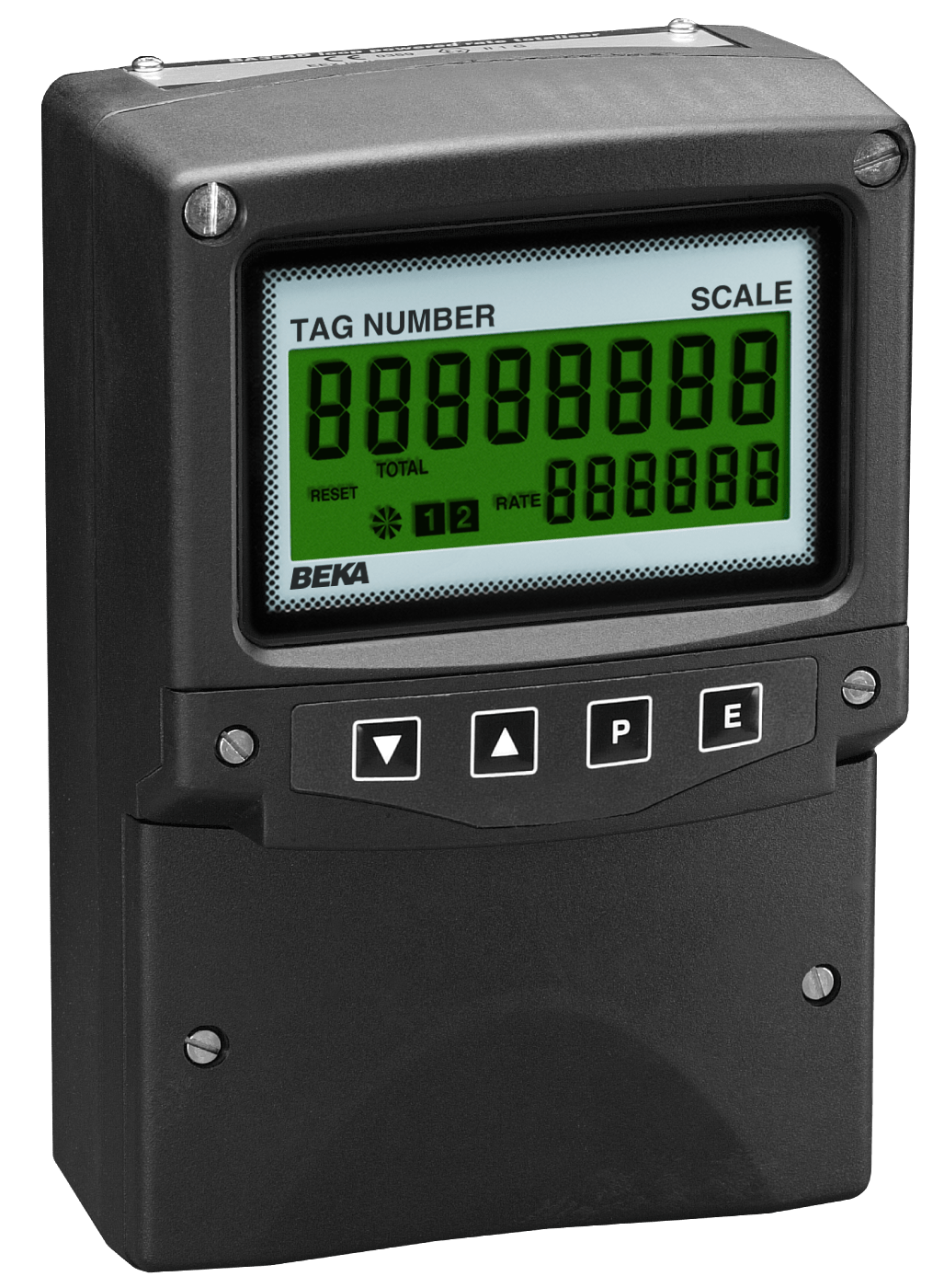 The BEKA BA334E Intrinsically Safe Pulse Input, Externally Powered Rate Totalizer features a black digital display for tag, scale, total, rate, and reset info with navigation buttons and configurable input in an IP66 GRP field mounting enclosure.