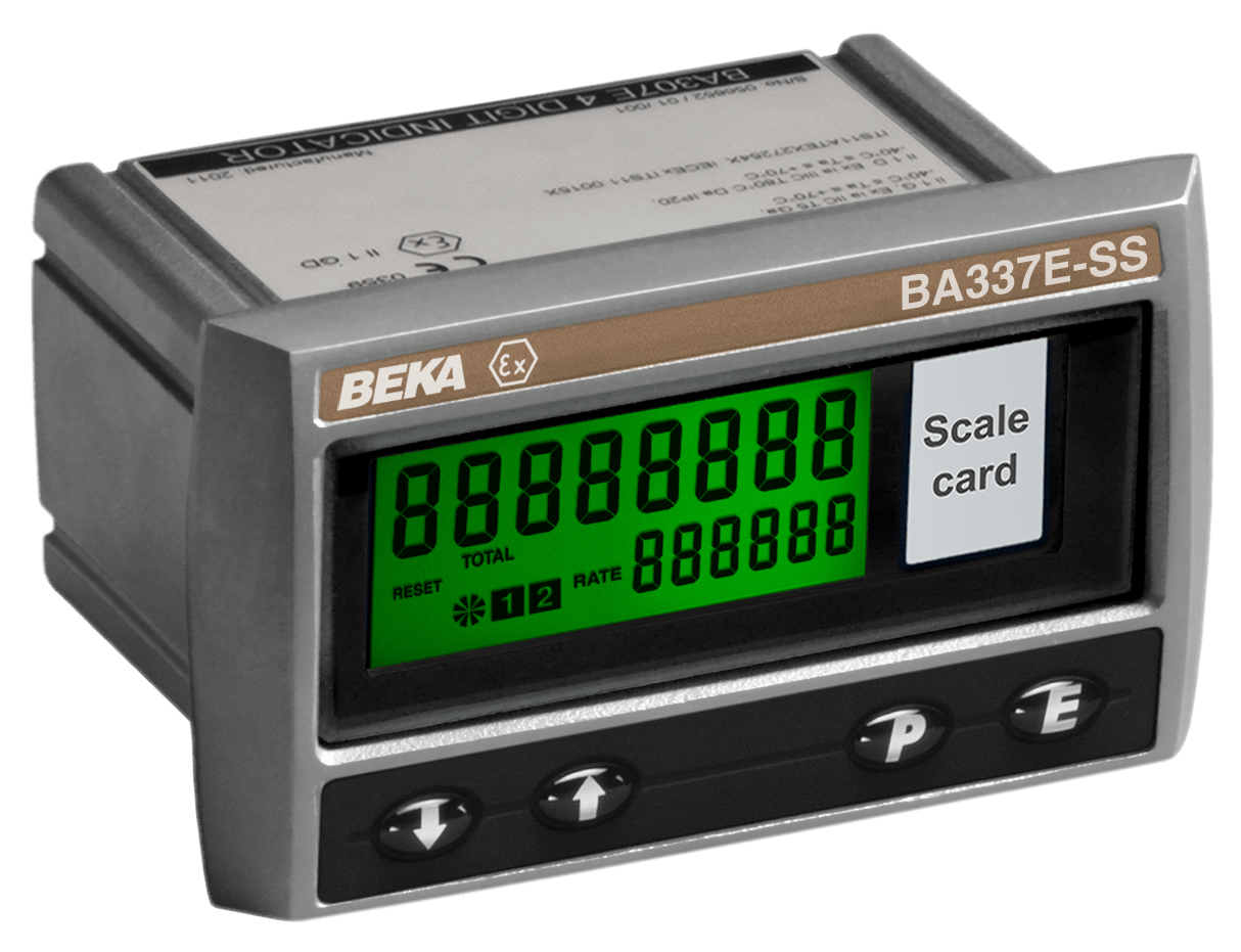 The BEKA BA337E-SS Intrinsically Safe Pulse Input Rate Totalizer features a green display, stainless steel panel-mount enclosure, I/T/P/E buttons, a visible scale card, and is externally powered.