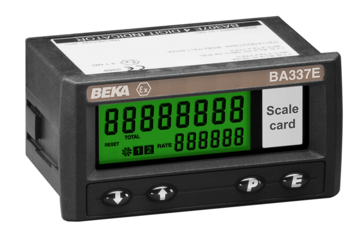 The BEKA BA337E Intrinsically Safe Externally Powered Rate Totalizer features a green eight-digit display, four black buttons, a "Scale card" label on the right, and is housed in a DIN panel enclosure branded "BEKA.