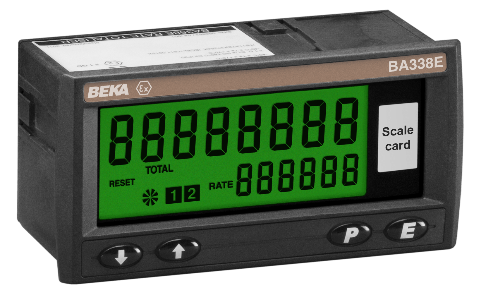 The BEKA BA338E is an intrinsically safe, panel-mounted pulse input rate totalizer with a green digital display, labeled "BA338E" and "BEKA," several buttons, a right-hand "Scale card" label, and configurable rate/total displays.