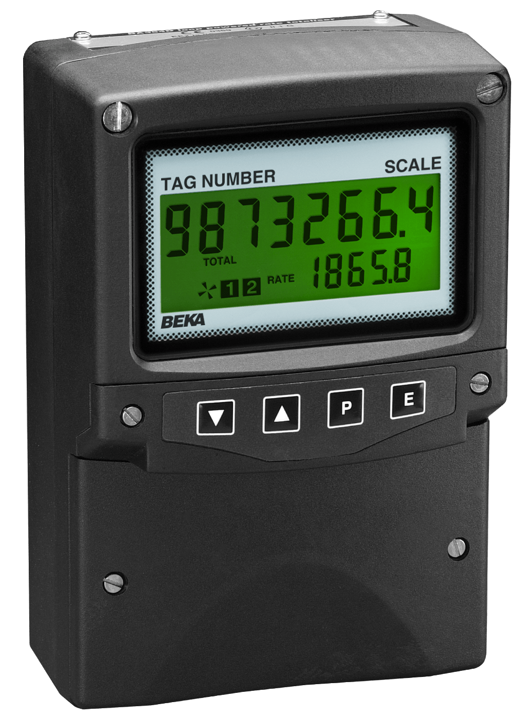 The BEKA BA354E Intrinsically Safe Loop Powered Rate Indicating Totalizer, Field Mounting, features a rectangular display in an IP66 GRP enclosure showing tag number, total, rate, scale, and has four control buttons below the screen.