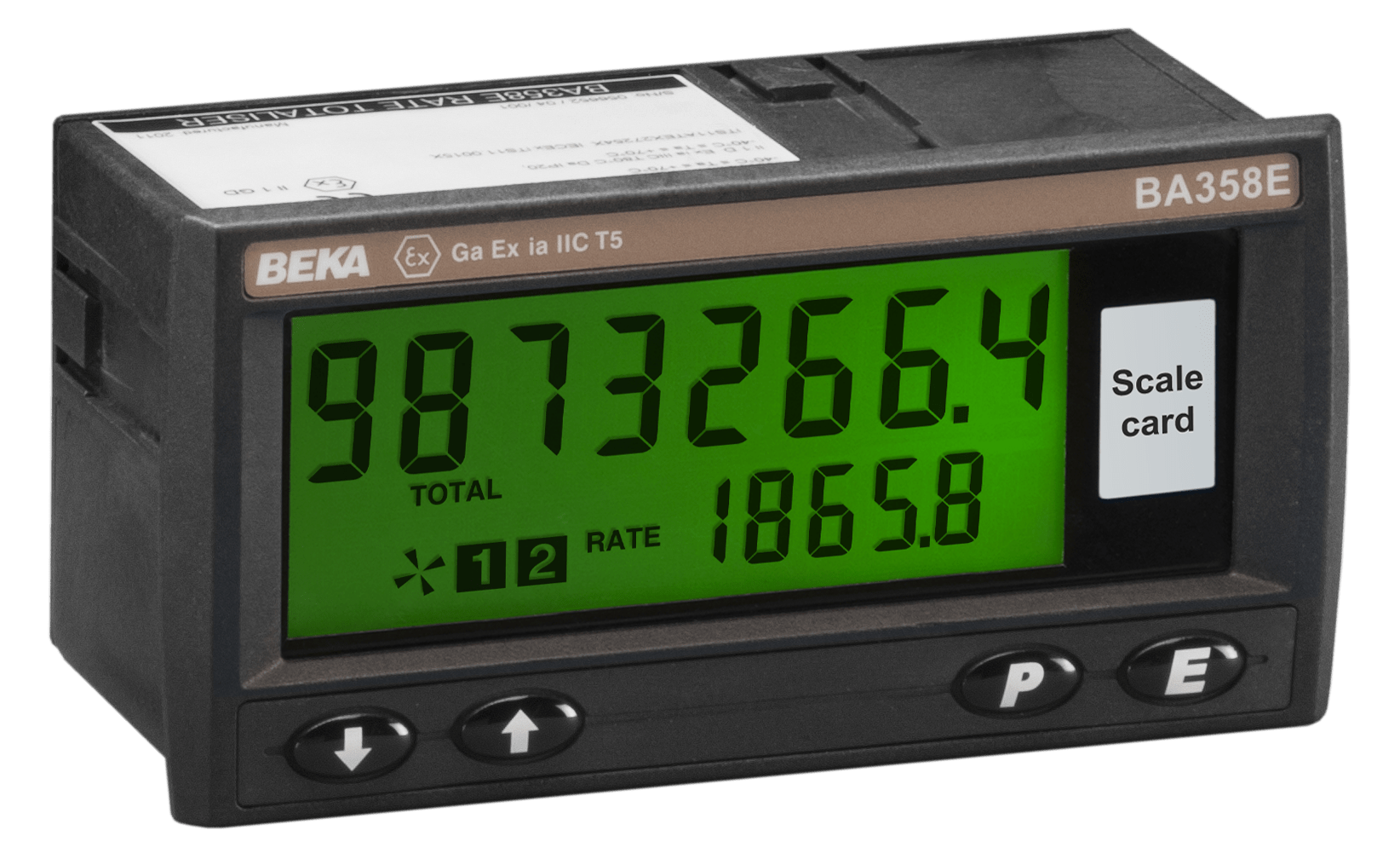 The BEKA BA358E Intrinsically Safe Loop Powered Rate Indicating Totalizer (panel mounting) displays large "9873266.4 TOTAL" and "1865.8 RATE" readings, has control buttons, a "Scale card" label, and features durable IP66 protection.