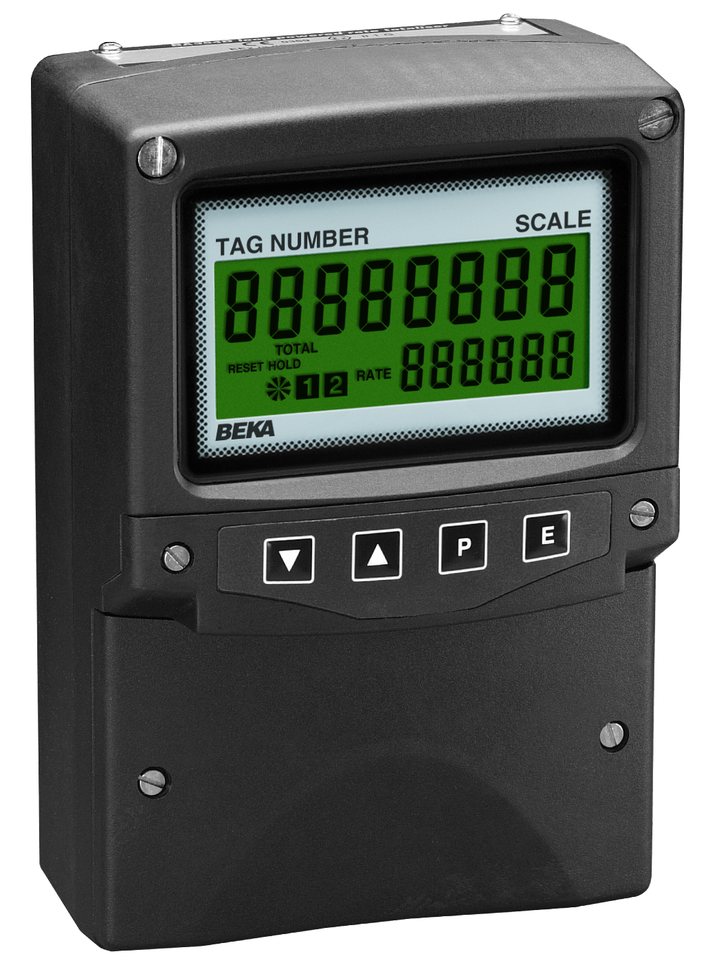 The BEKA BA384E is a black, field-mounted industrial display with a green digital screen and labeled buttons, housed in an IP66 GRP enclosure. It’s an intrinsically safe, externally powered pulse input rate totalizer with configurable inputs.