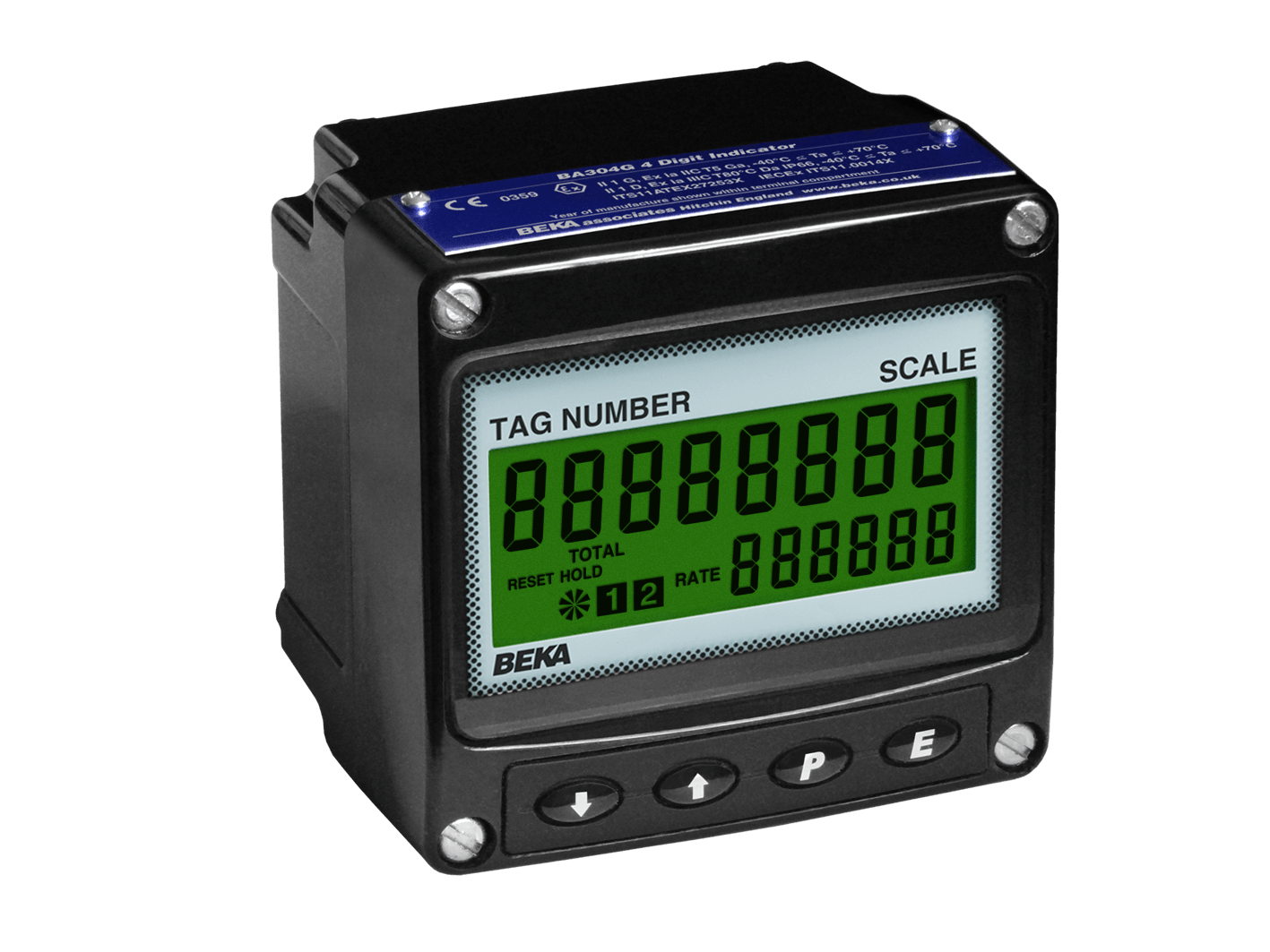 The BEKA BA384G is a black, IP66 GRP field-mounted digital panel meter with a green LCD display, labeled indicators, and five buttons, designed for intrinsically safe, externally powered pulse input rate totalizing.