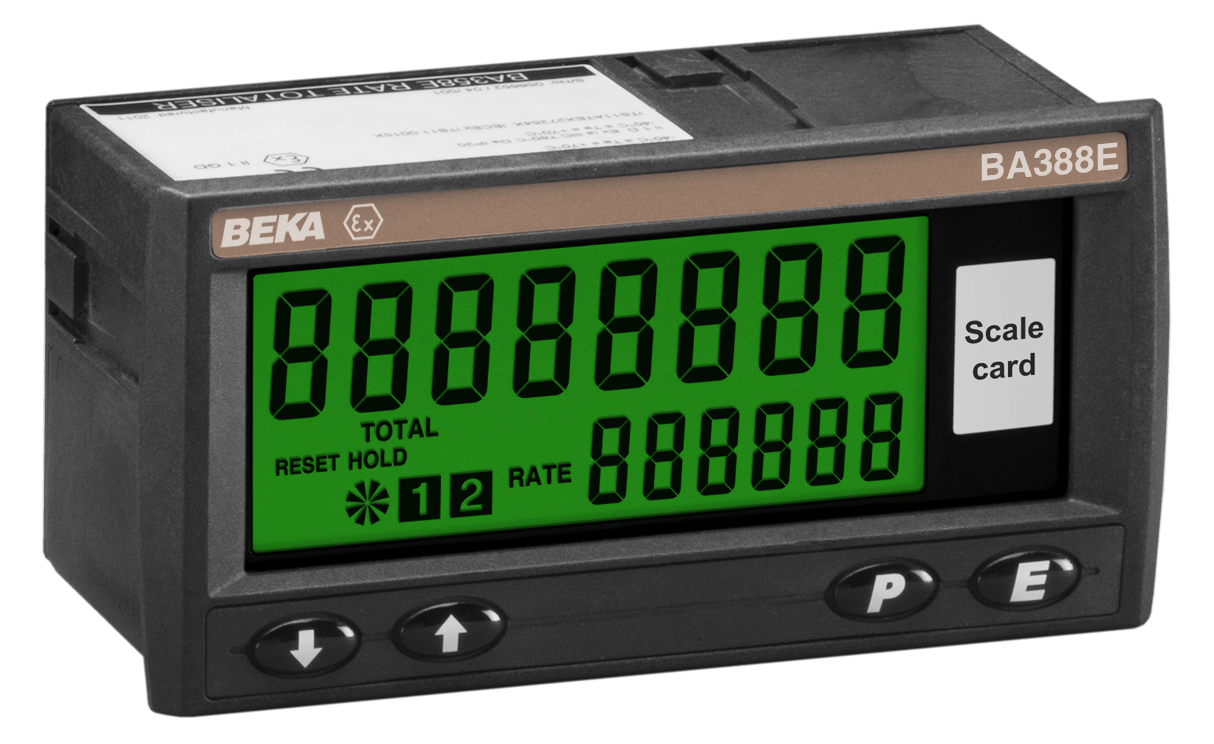 BEKA BA388E Intrinsically Safe, Externally Powered Pulse Input Rate Totalizer in a DIN panel mount enclosure, featuring a green LCD display with numeric readout and labeled buttons. Model number BA388E is shown on the top right.