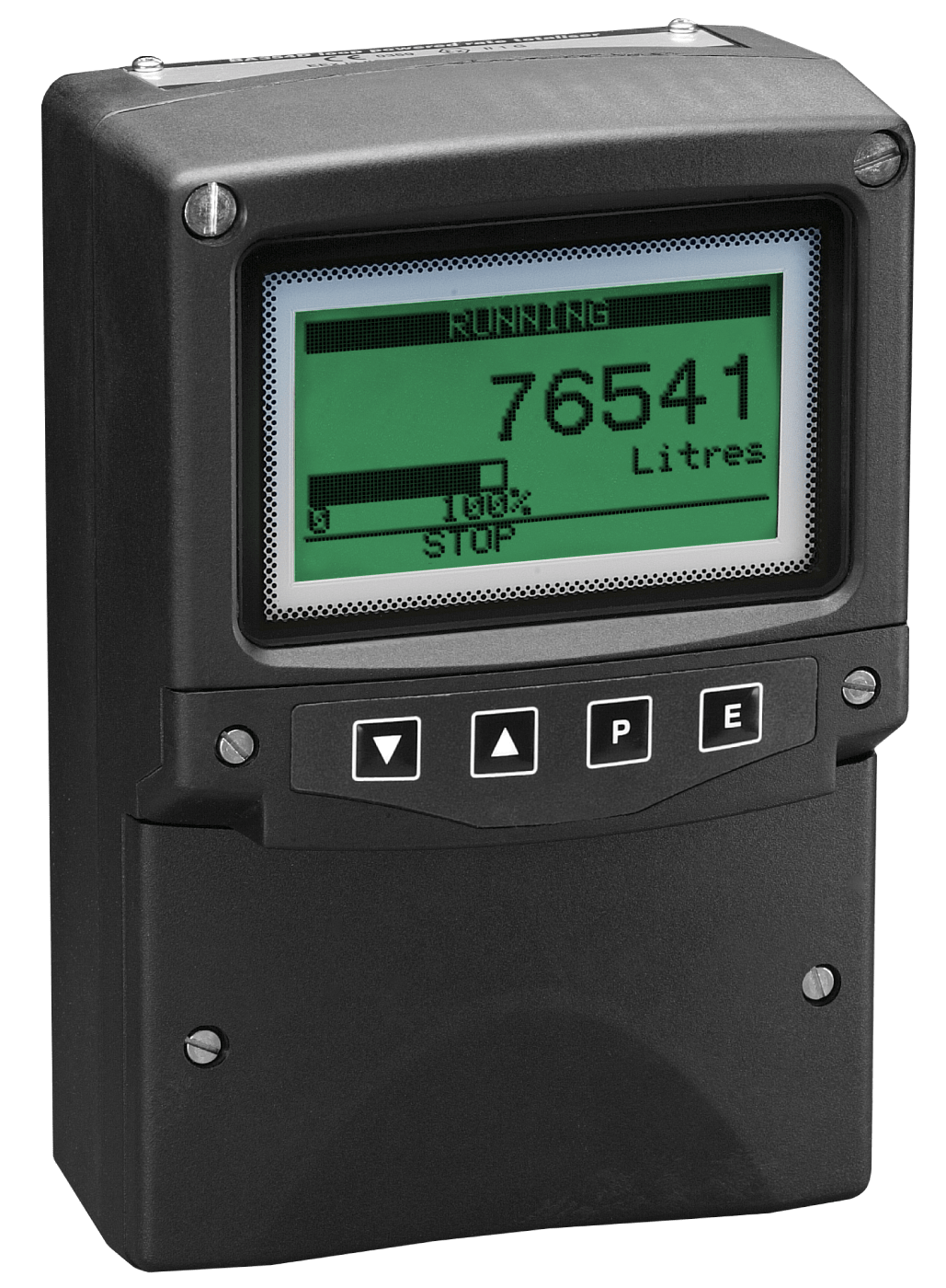 Close-up of the BEKA BA454D Intrinsically Safe Flow Batch Controller, Field Mounting, displaying "RUNNING" and a reading of "76541 Litres," with control buttons below the high contrast screen.