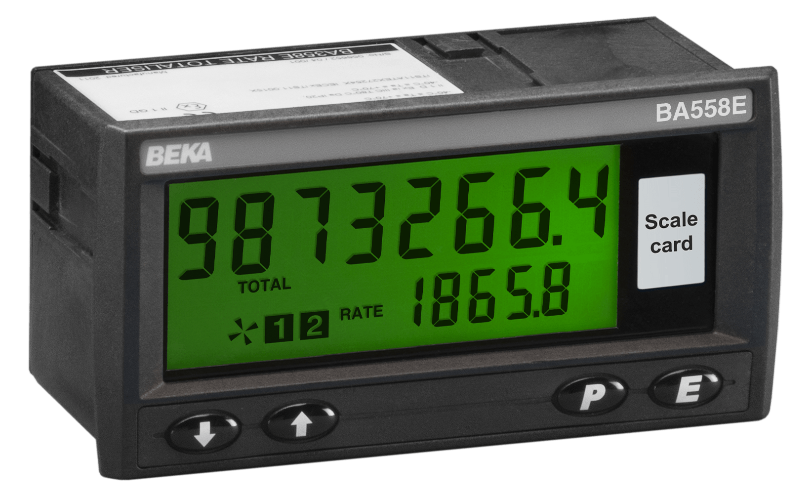 The BEKA BA558E General Purpose Loop Powered Rate Totalizer panel meter features large, easy-to-read displays for total 9873266.4 and rate 1865.8, E/P/arrow buttons, "Scale card" label, and IP66 ingress protection for durability.