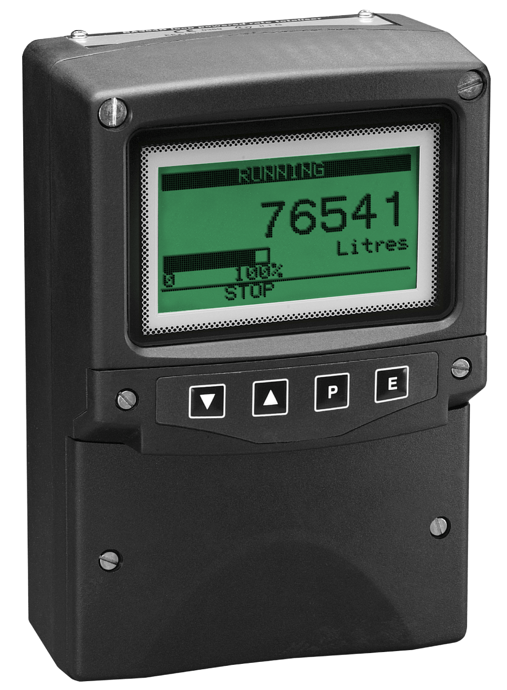 The BEKA BA654D General Purpose Flow Batch Controller, field mounting, features a high-contrast display ("RUNNING 76541 Litres"), five control buttons, 4/20mA input, and configurable outputs for versatile flow monitoring.