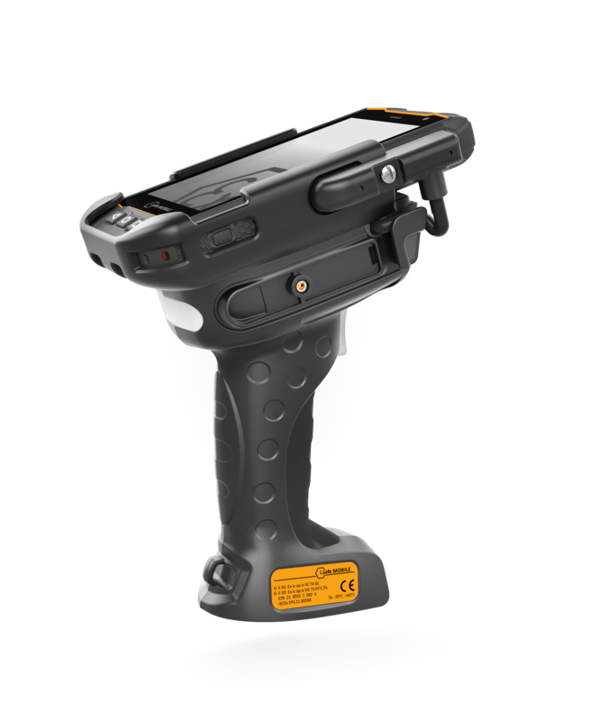 The i.safe MOBILE IS-TH1xx.2 Non-Incendive (C1/D2) Barcode Scanner Trigger Handle, a rugged handheld device with a large display, ergonomic grip, and trigger, designed for reliable 2D barcode scanning, is shown against a plain white background.