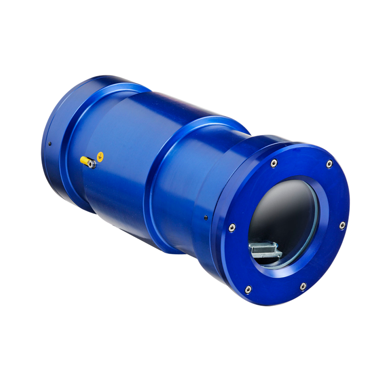 The Tecnovideo CHEP Explosionproof Fixed Camera Housing is a cylindrical blue anticorodal aluminum device with a glass-covered opening and a small yellow valve, resembling an explosionproof CCTV camera housing, isolated on a white background.