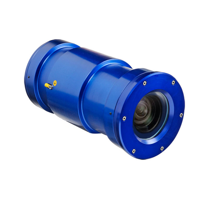 The Tecnovideo CHEPTB Explosionproof Camera Station is a cylindrical blue CCTV housing featuring a visible lens at one end and small screws around the edges, shown against a white background.