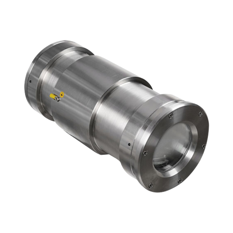 The Tecnovideo CHEP-SS Explosionproof Fixed Mining Camera Housing is a stainless steel, cylindrical unit with flanged ends, polished surface, and side fitting—ideal for demanding environments and mining applications.