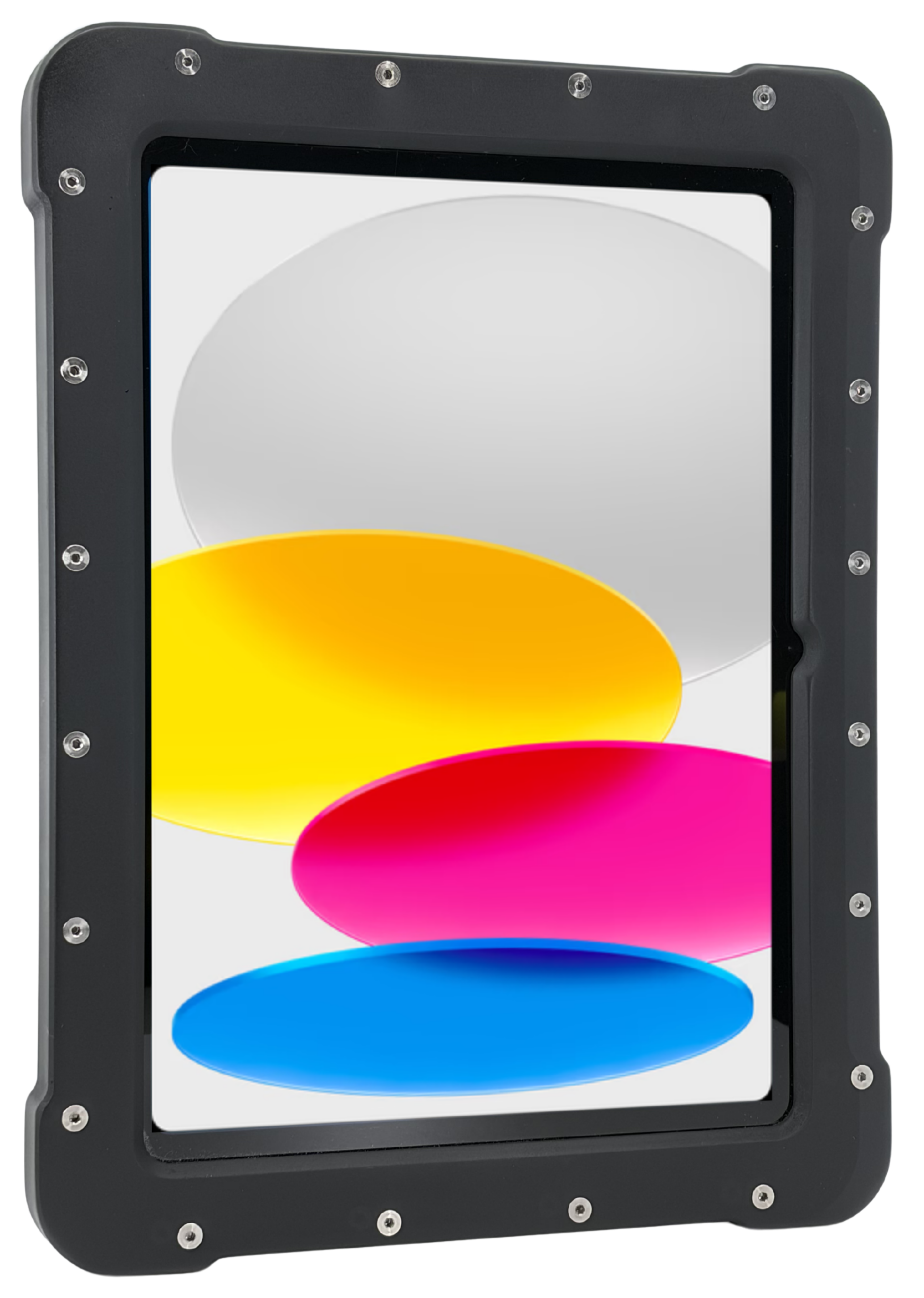 The Armadex Zone 2/22 Ex UniCase - iPad (A16) is a rugged black tablet with an impact-resistant body, displaying an abstract pattern of overlapping white, yellow, pink, and blue ovals on its screen.