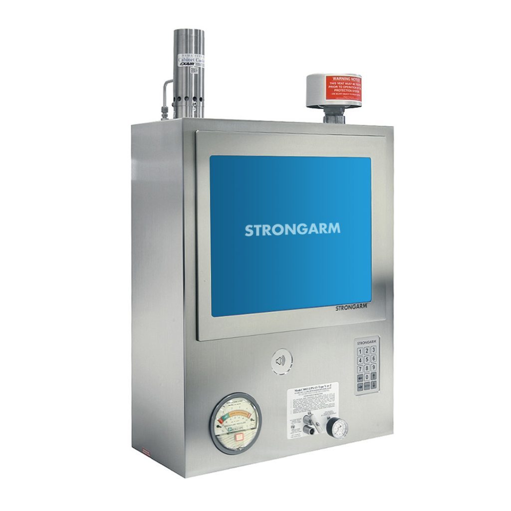 Strongarm Hazardous Area Systems stainless steel control panel with touch screen, keypad, gauge, buttons, and labeled indicator lights features a NEMA Type 4X enclosure for durability in rugged environments.
