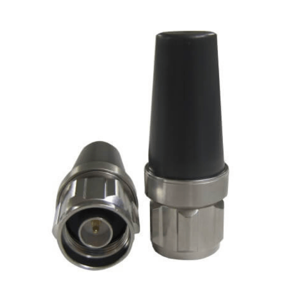 Two Extronics iANT212 compact omni-directional dual-band rugged antennas, featuring rubberized black caps and metal fittings, are shown—one upright and one on its side—against a plain white background.