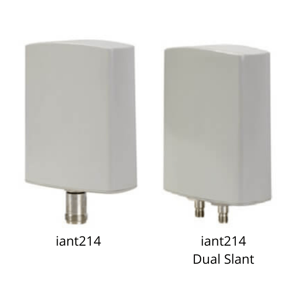 Two rectangular white Extronics iANT214 Directional Wi-Fi Antennas, each with connectors at the bottom, support 2.4GHz and 5GHz frequencies and feature a rugged IP67-rated design.