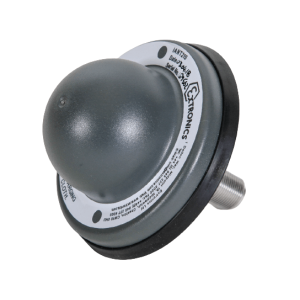 The Extronics iANT215 Low Profile Omni-Directional Wi-Fi Antenna is a gray, dome-shaped sensor with a threaded metal base, labeled white circular plate, IP68 protection, and omni-directional coverage.