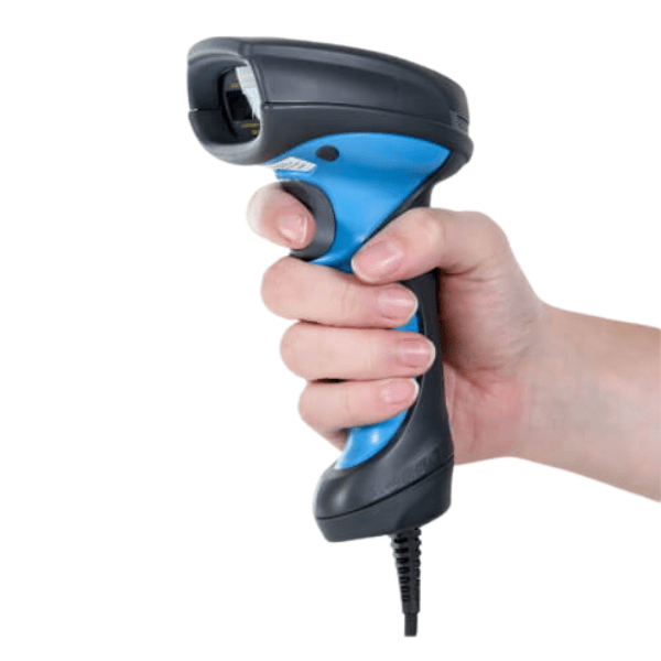 A hand holds the Extronics iSCAN101 Series Zone 1 Barcode Laser Scanner in blue and black, with a cord extending from the bottom, set against a white background.