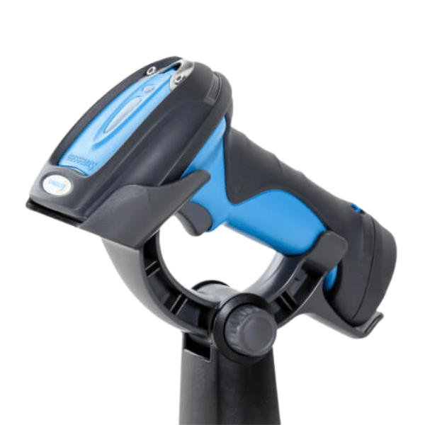 The Extronics iSCAN211 Series Zone 1 Handheld Bluetooth Barcode Scanner, featuring a black and blue design, is mounted on a stand against a white background.