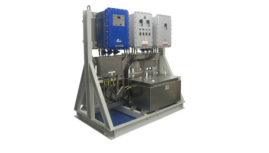 The Extronics iUPS101 is an IECEx certified uninterruptible power supply for Zone 1 and 2, mounted on a metal frame with control panels, wiring, stainless steel enclosures, and provisions for backup power.